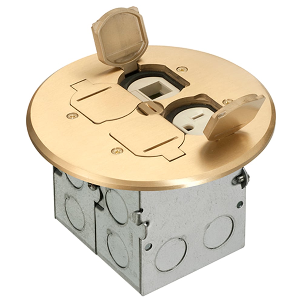 A combination floor box kit with installed low voltage divider. Includes four flip lids and gasket, One low voltage device and one 110v receptacle. Round Brass Cover.