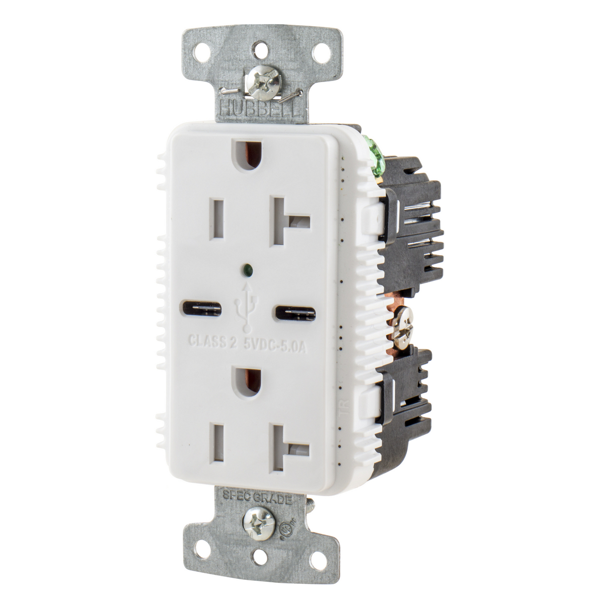 USB Charger Duplex Receptacle, 20A 125V,2-Pole 3-Wire Grounding, 5-20R, 2) 5A "C" USB Ports, White
