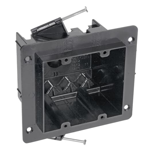 Two-Gang Universal Flanged Nail-On Box, Volume 36 Cubic Inches, Length 3-1/2 Inches, Width 4 Inches, Depth 3-1/4 Inches, Color Black, Material Polycarbonate, Mounting Means Angled Side Nails