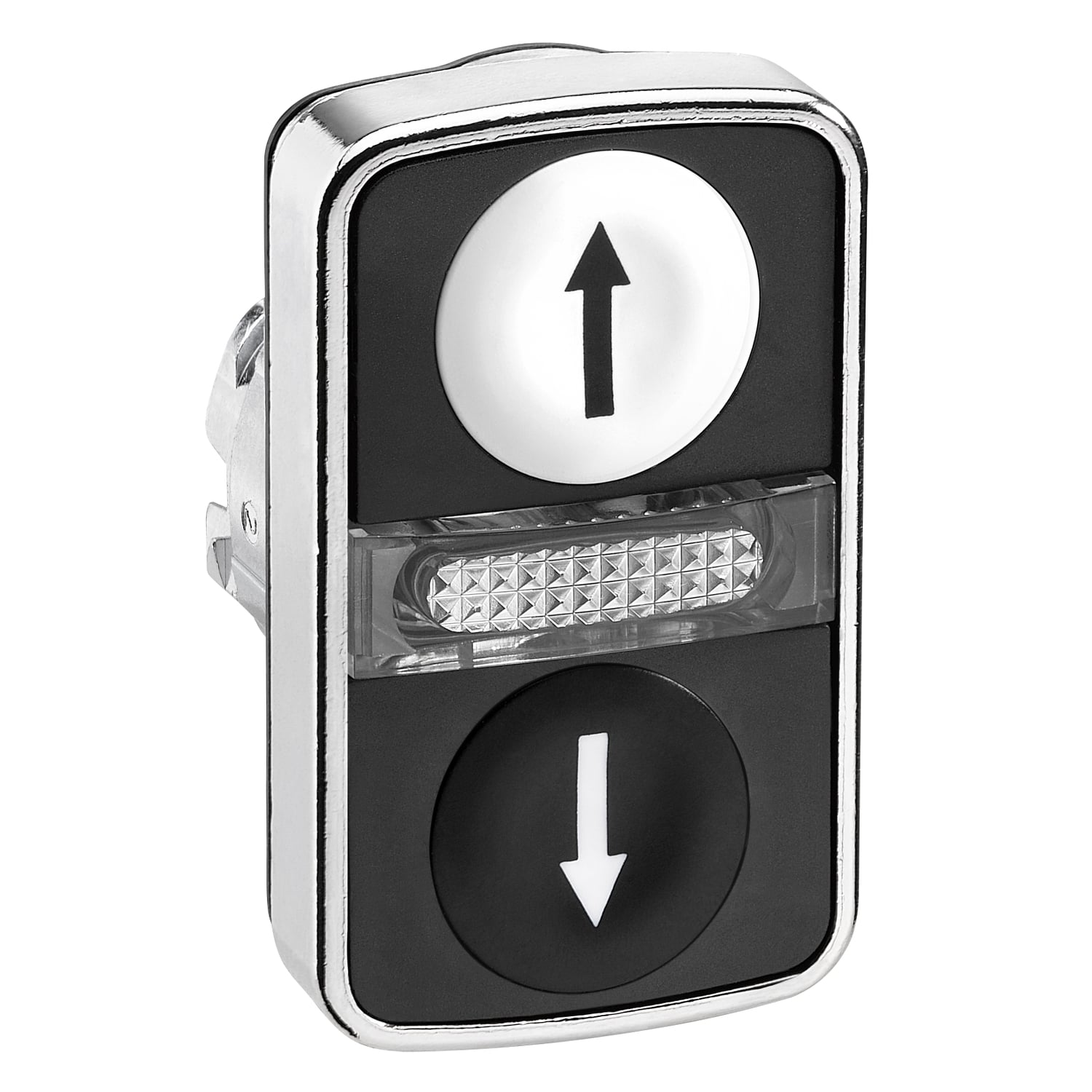 Illuminated double headed push button head, Harmony XB4, metal, 22mm, 1 white flush UP ARROW + 1 pilot light + 1 black flush DOWN ARROW