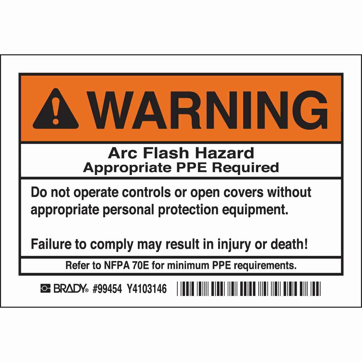 Lbl,B302,Bk/Or/Wt,5x3.5,WARN ARC FL,5/PK