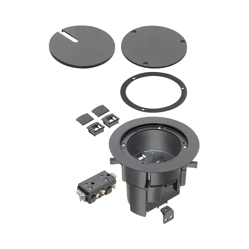 TWO low voltage openings with built-in divider, an ultra-thin stamped steel flange, and flush-to-the-floor in-use and blank covers. Has a black powder-coated finish.