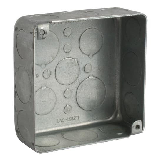 Vapor Tite Outlet Box, 21 Cubic Inches, 4 Inch Square x 1-1/2 Inch Deep, 1/2 Inch and 3/4 Inch Knockouts Pressed Flush, Pre-Galvanized Steel, For Use with Conduit