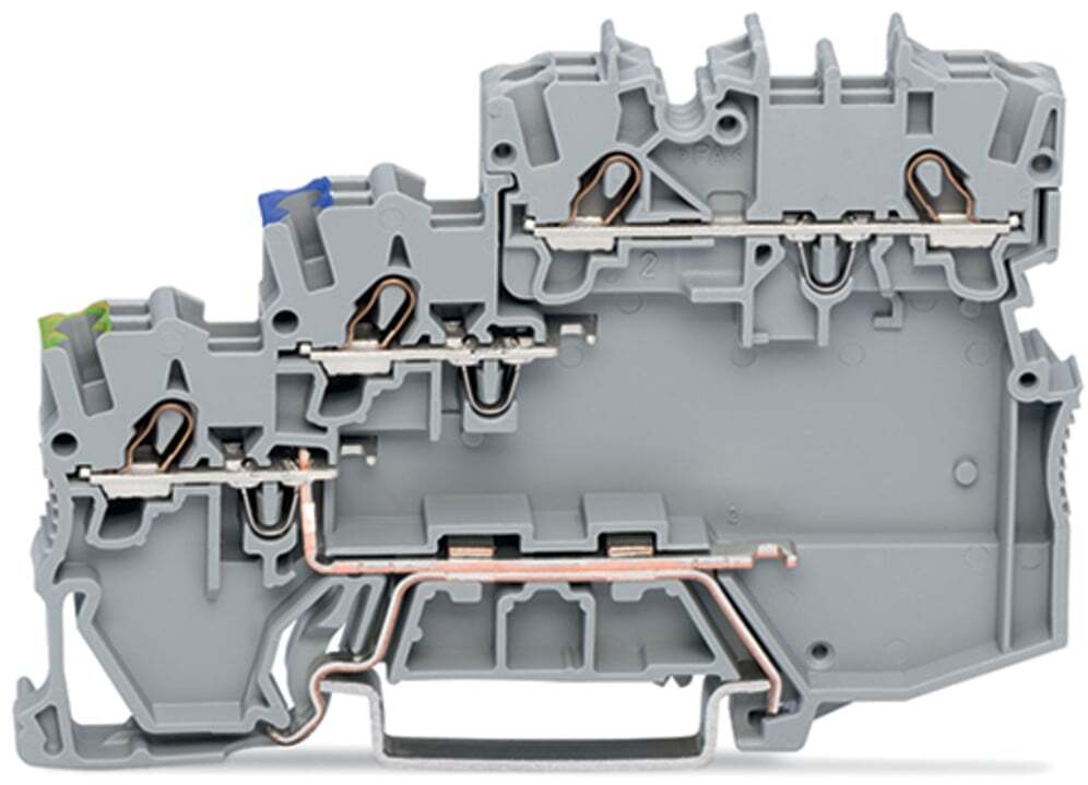 3-conductor actuator supply terminal block; for PNP-(high-side) switching actuators; with ground contact; with colored conductor entries; 1 mm; Push-in CAGE CLAMP; 1,00 mm; gray