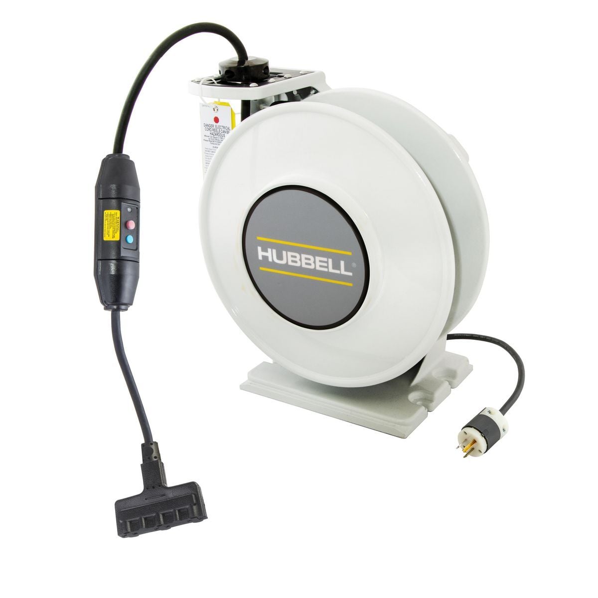 White Industrial Reel with Triple Tap Outlet and Inline GFCI Module, UL Type 1, 45 Ft, #12/3 SJO, 20 A, 125 VAC