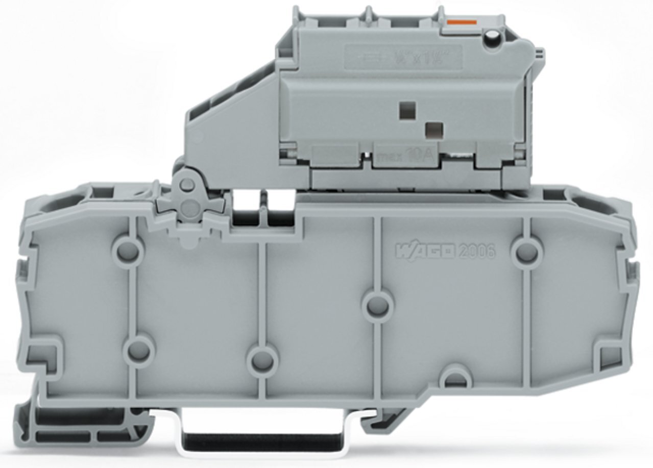 2-conductor fuse terminal block; with pivoting fuse holder; with end plate; for glass cartridge fuse " x 1"; with blown fuse indication by LED; 12 - 30 V; for DIN-rail 35 x 15 and 35 x 7.5; 6 mm; Push-in CAGE CLAMP; 6,00 mm; gray