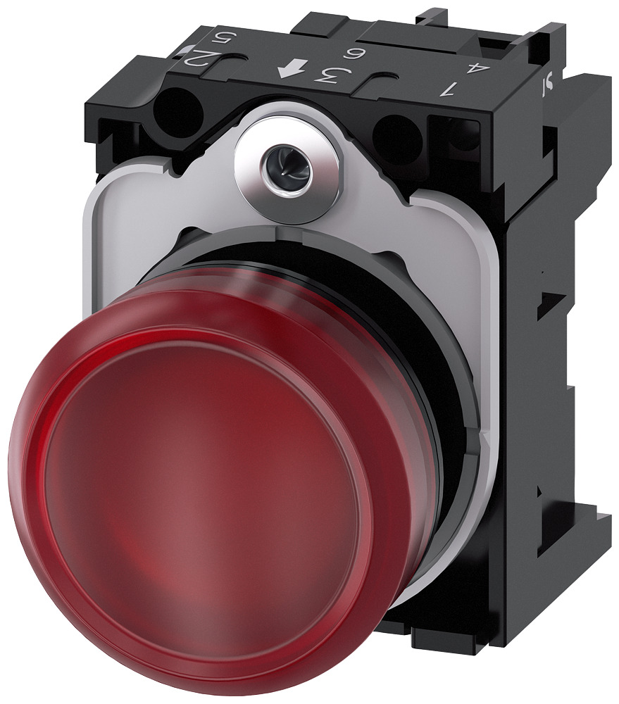 Indicator light, 22mm, round, plastic, red, smooth lens, with holder, led module with integrated led 110V AC, screw terminal