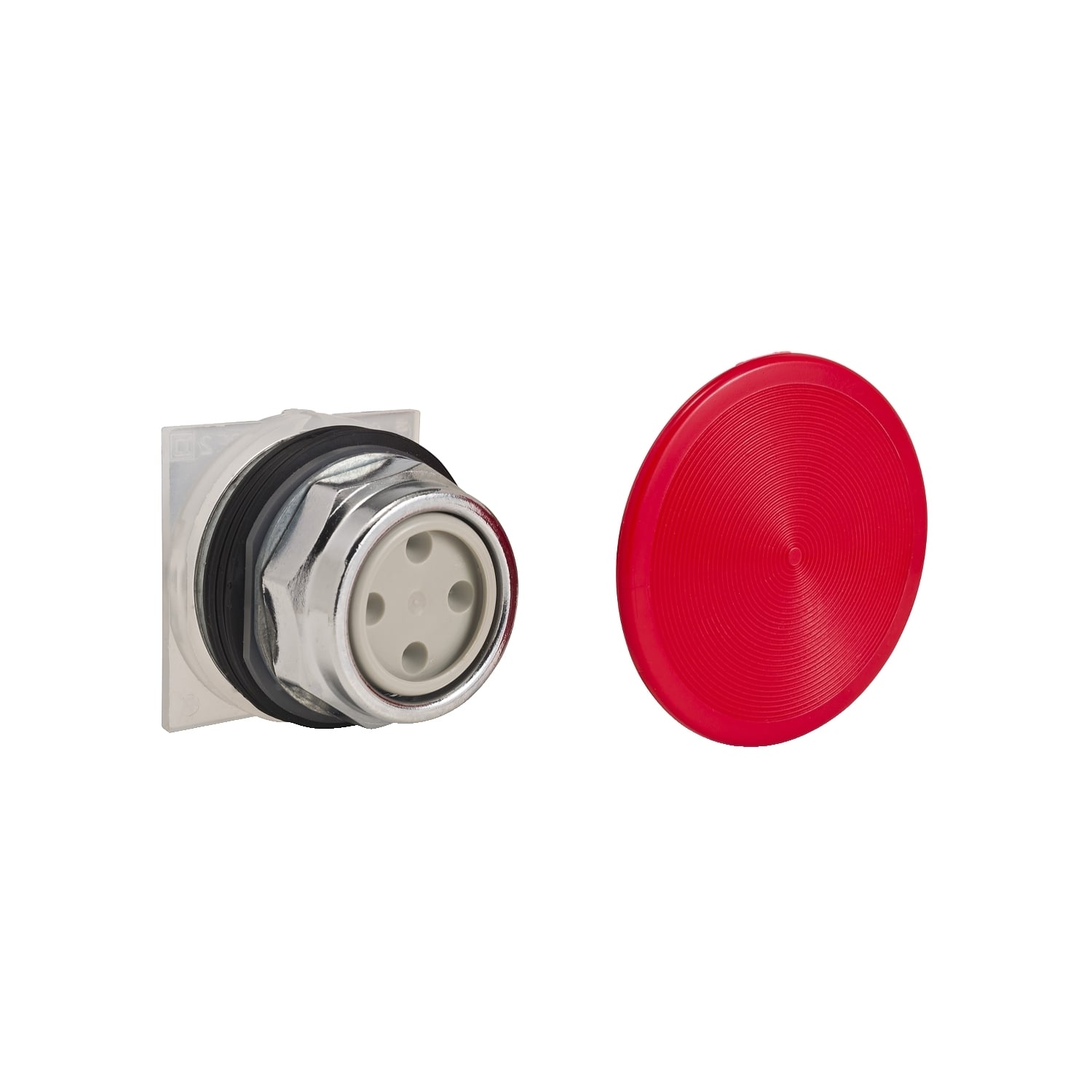 Push-button, Harmony 9001K, metal, snap-in plastic mushroom 35mm, red, 30mm, spring return, 1 C/O