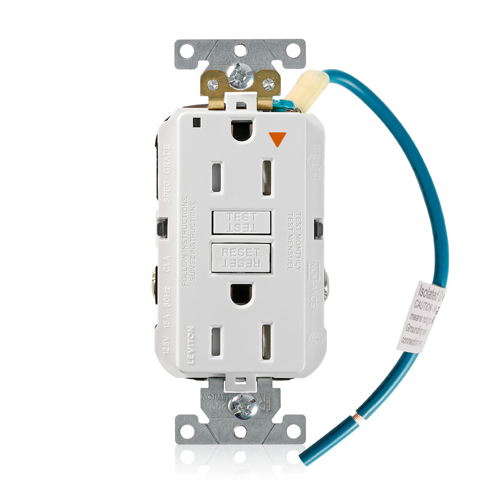 Self-Test, Isolated Ground, Tamper Resistant, Fed-Spec Slim GFCI Receptacle. NEMA 5-15R 15A-125V @ Receptacle, 15A-125V Feed-through, Lighted, White, W/Whiten Test And Reset Button, With Mounting Screws, Washers, Instruction Sheets,