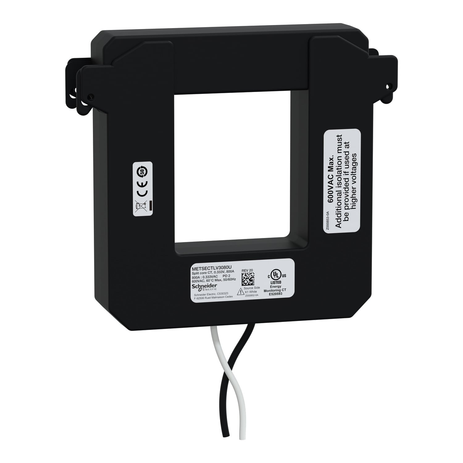 split core current transformer, PowerLogic UL2808 CT, 800A, 0.333V output, 8ft lead