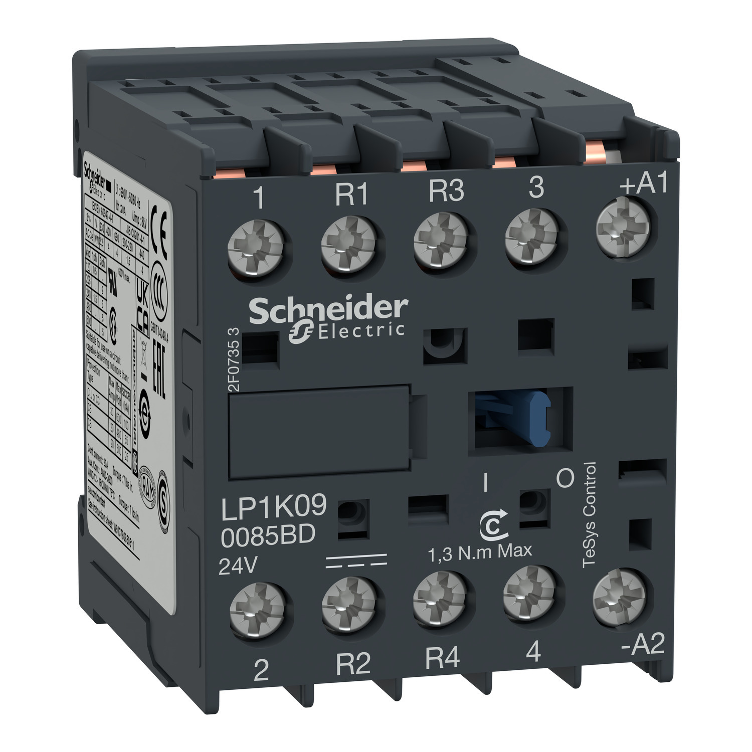 Contactor, TeSys K, 4P, 2 NO + 2 NC, AC-1, lt or eq to 440V, 20A, 220VDC coil