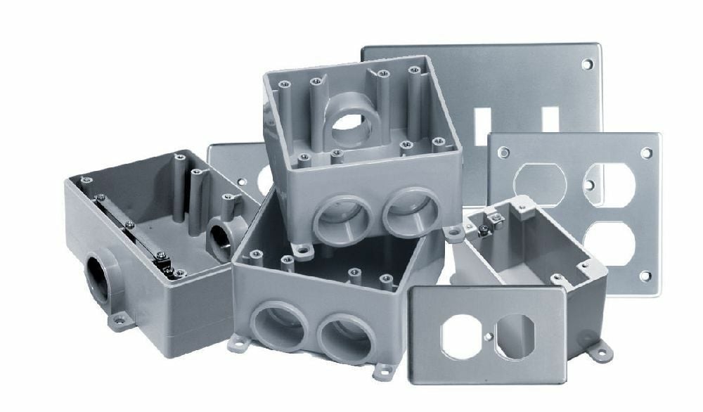 2-Gang Weatherproof Box; PVC, 35 Cubic-Inch, 1/2 Inch, 3/4 Inch, 1 Inch Hub