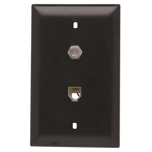 Single gang opening modular four conductor telephone jack with wall plate. Black.