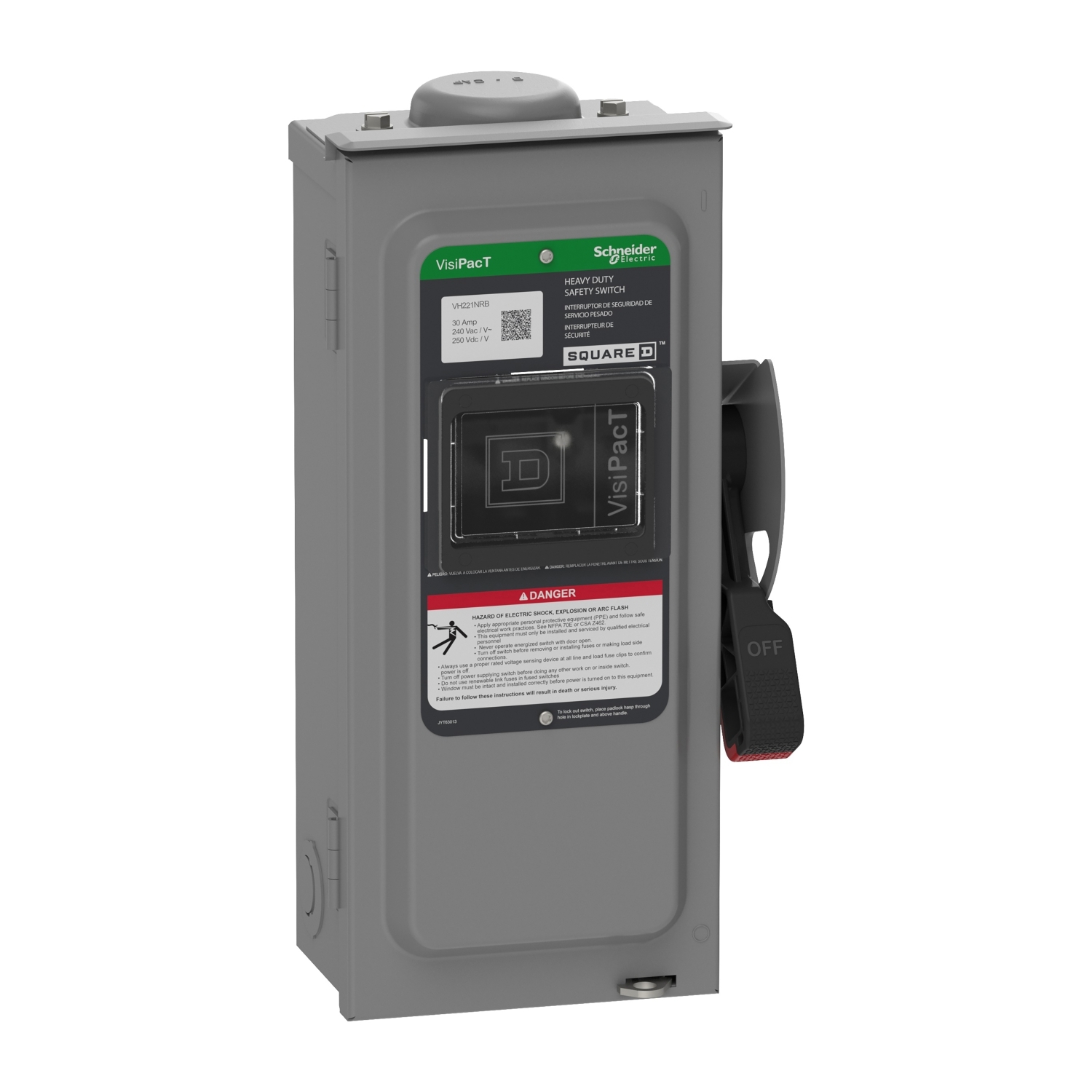 Safety switch, VisiPacT, heavy duty, fused, viewing window, NEMA 3R, 240V, 30A, 2 pole, neutral installed