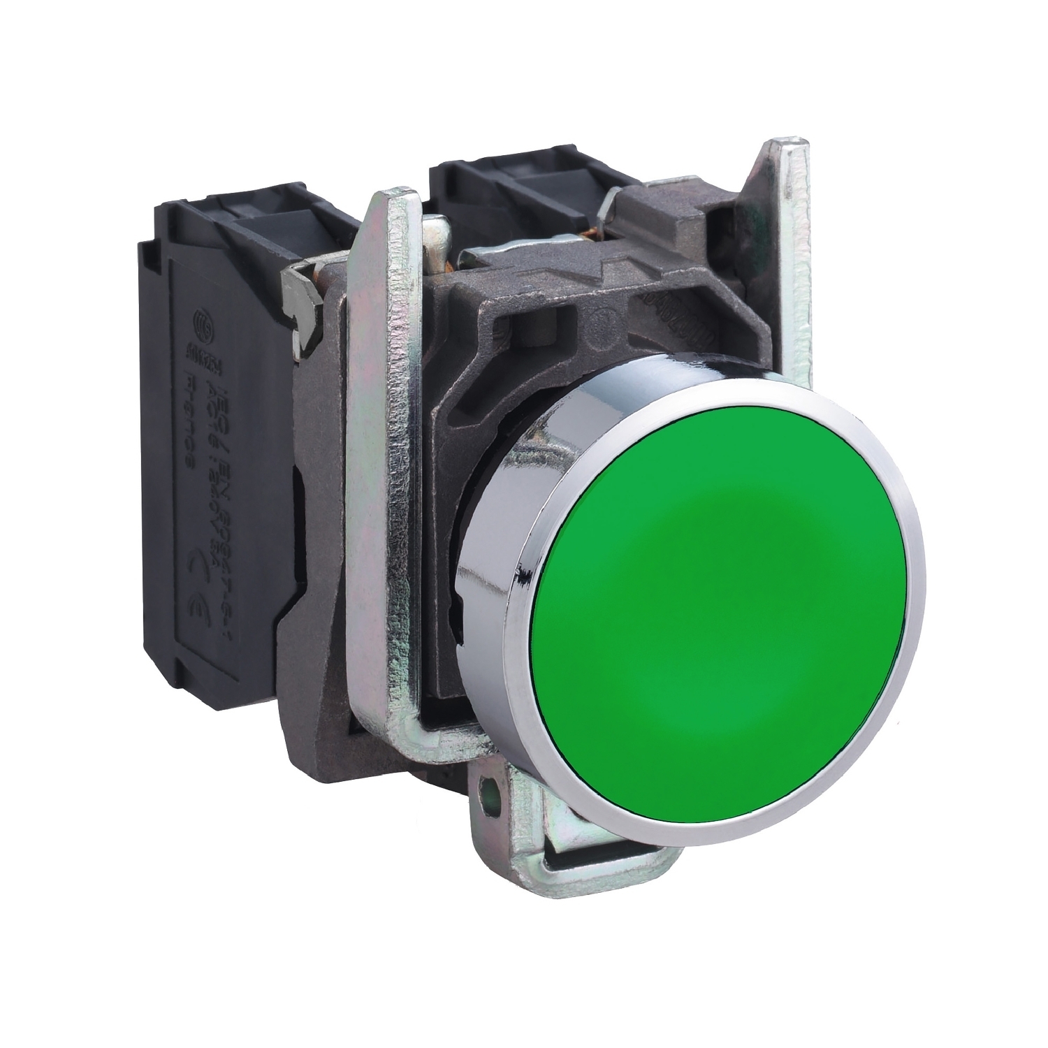 Push button, Harmony XB4, metal, flush, green, 22mm, spring return, unmarked, 1NO+1NC
