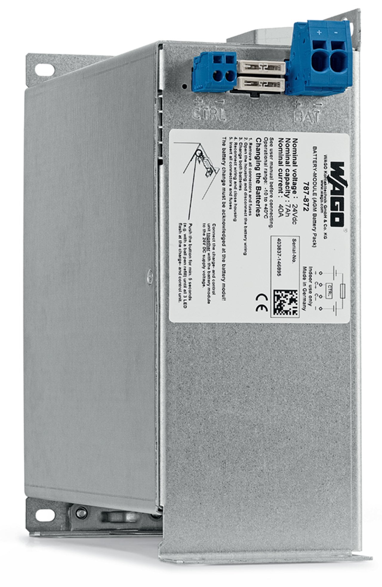 Lead-acid AGM battery module; 24 VDC input voltage; 40 A output current; 7 Ah capacity; with battery control; 10,00 mm