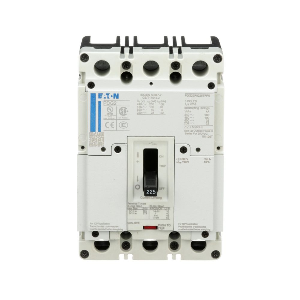 Eaton Power Defense molded case circuit breaker, Globally Rated, Frame 2, Three Pole, 45A, 65kA/480V, T-M (Fxd-Fxd) TU, Standard Terminals Load Only (PDG2X3T100)