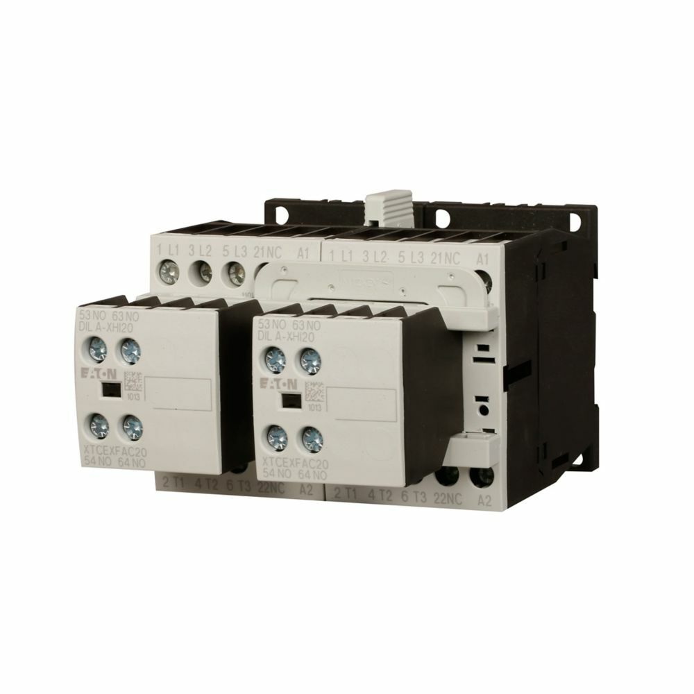 Eaton XT IEC contactor, 9A, 120 Vdc, 2NO-2NO, 9A, Frame B, 45 mm, 0.5,  1.5/ 3,  3,  5,  7.5 hp (1/3PH @115, 230/200, 230, 460, 575 V), Three-pole, Reversing, XT IEC series, Screw terminals, Full voltage reversing contactor