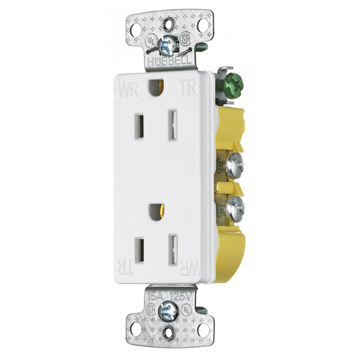 TradeSelect, Straight Blade Devices, Residential Grade, Receptacles, Weather and Tamper Resistant Decorator Duplex, Self Grounding, 15A 125V, 2-Pole 3-Wire Grounding, 5-15R, White