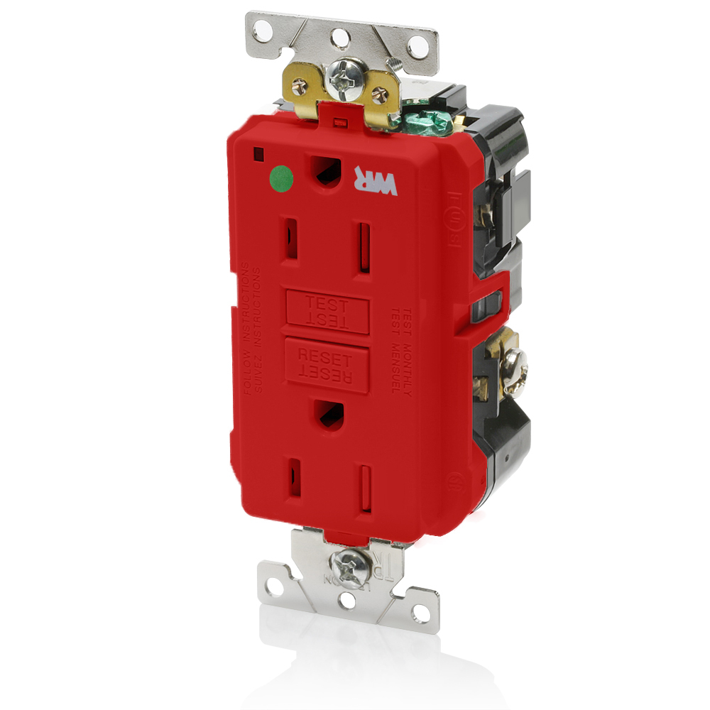 15 Amp, 125 Volt, SmartlockPro Self-Test GFCI Duplex Receptacle , NEMA 5-15R, 2P, 3W, Extra-Heavy Duty Hospital Grade, Weather & Tamper-Resistant, 20A Feed-Through, Back or Side Wired - RED