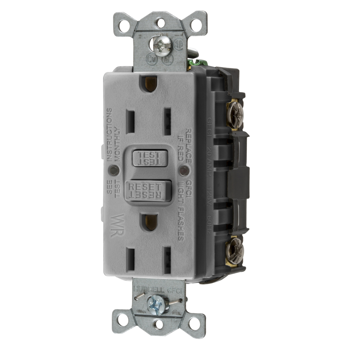 Power Protection Devices, Receptacle, Self Test, GFCI, WR, Commercial Grade, 15A 125V, 2-Pole 3-Wire Grounding, 5-15R, Gray