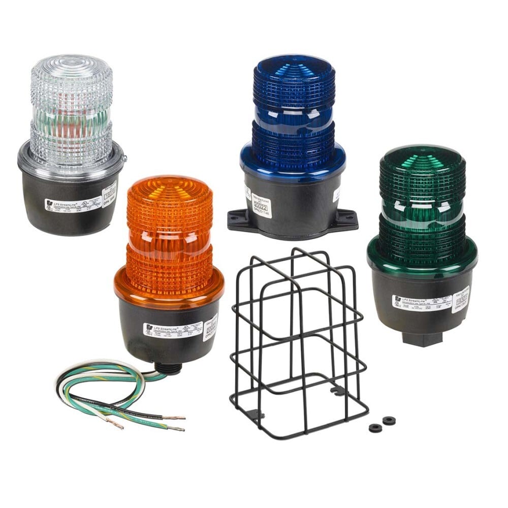 StreamLine Low Profile Steady Burning LED Light, 120V, Surface Mount, Amber - Available in 24VDC and 120VAC. T-mount (TL), integrated 1/2-inch NPT pipe mount (PL), 1/2-inch NPT male pipe mount (ML) or surface mount (SL). Five lamp/lens colors: Amber, Blue, Clear, Green and Red. 50,000 Hour LED. Screw on lens. Indoor/outdoor use. Type 4X, IP66 enclosure. IP69K compliant. Optional wire lens guard. PLC Compatible. CSA Certified. UL and cUL Listed.