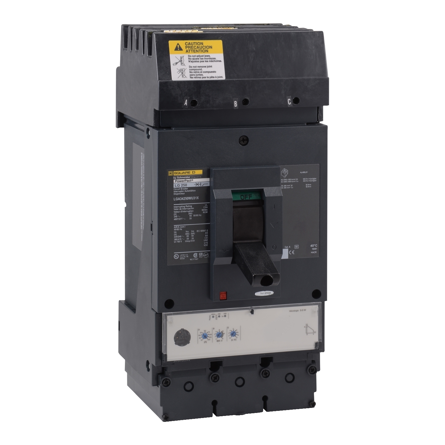 Circuit breaker, PowerPacT L, 250A, 3 pole, 480VAC, 35kA, I-Line, MicroLogic 3.3, 80%, ABC, mission critical