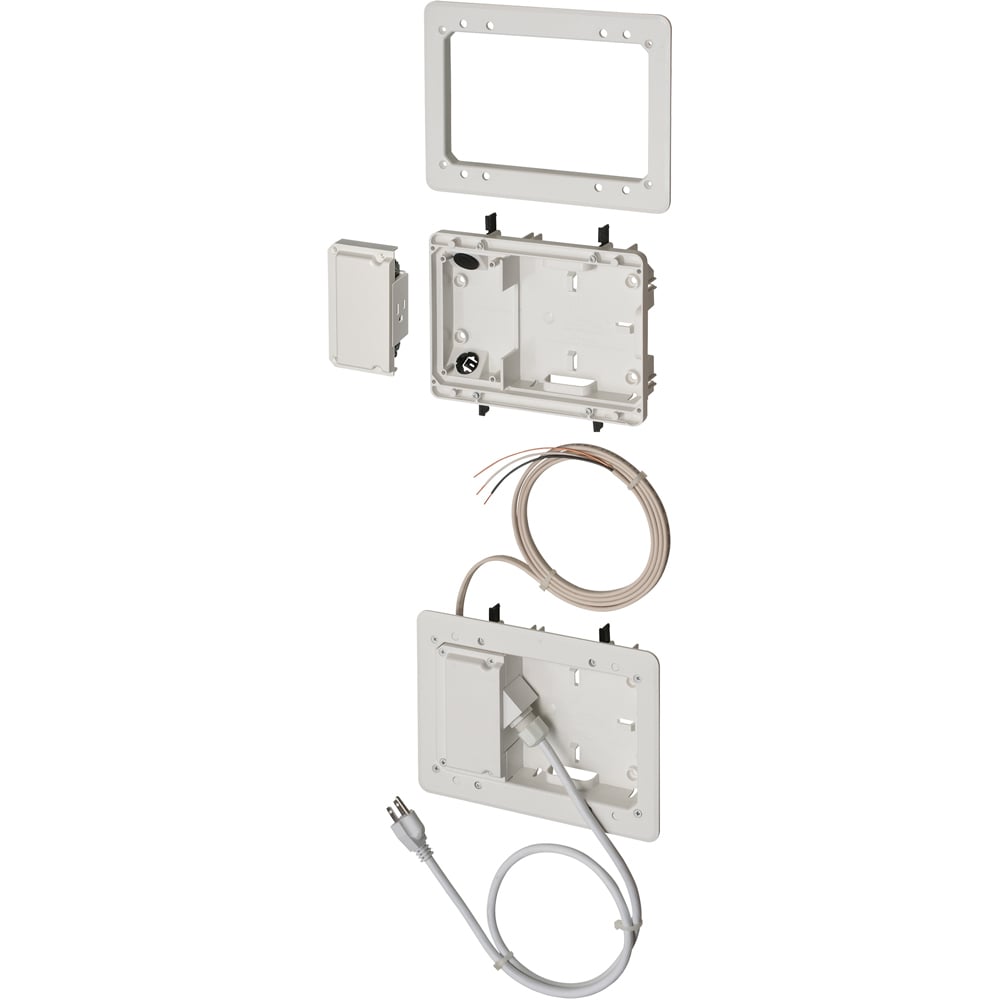 Low Profile non metallic TV BOX BRIDGE kit. For a flush to the wall installation as shallow as 3/4". For new or old construction. Fits also on 2x2, 2x3 and 2x4 studs.
