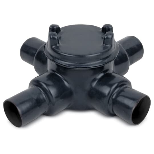 PVC Double-Coated Conduit Outlet Box for Hazardous Locations, GUAX Type - X Shape, Pipe Size 3/4 Inch/21 Metric, Box is Ductile Iron with Zinc Plating, Cover is Die Cast Aluminum, Cover Opening 2.00 Inch/50.80 Millimeters, Gray