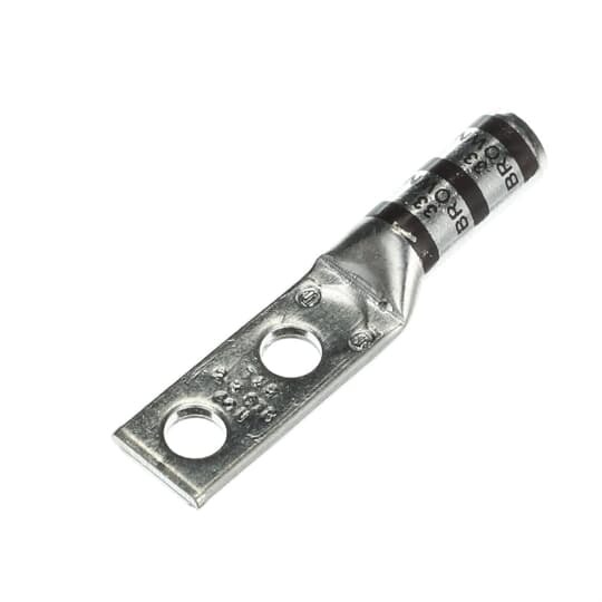 Copper Two-Hole Lug, Long Barrel, Blind End, Max 35kV, Wire Size #2 AWG, 1/4 Inch Bolt Size, 5/8 Inch Hole Spacing, Tin Plated, Die Code 33, Die Color Code Brown