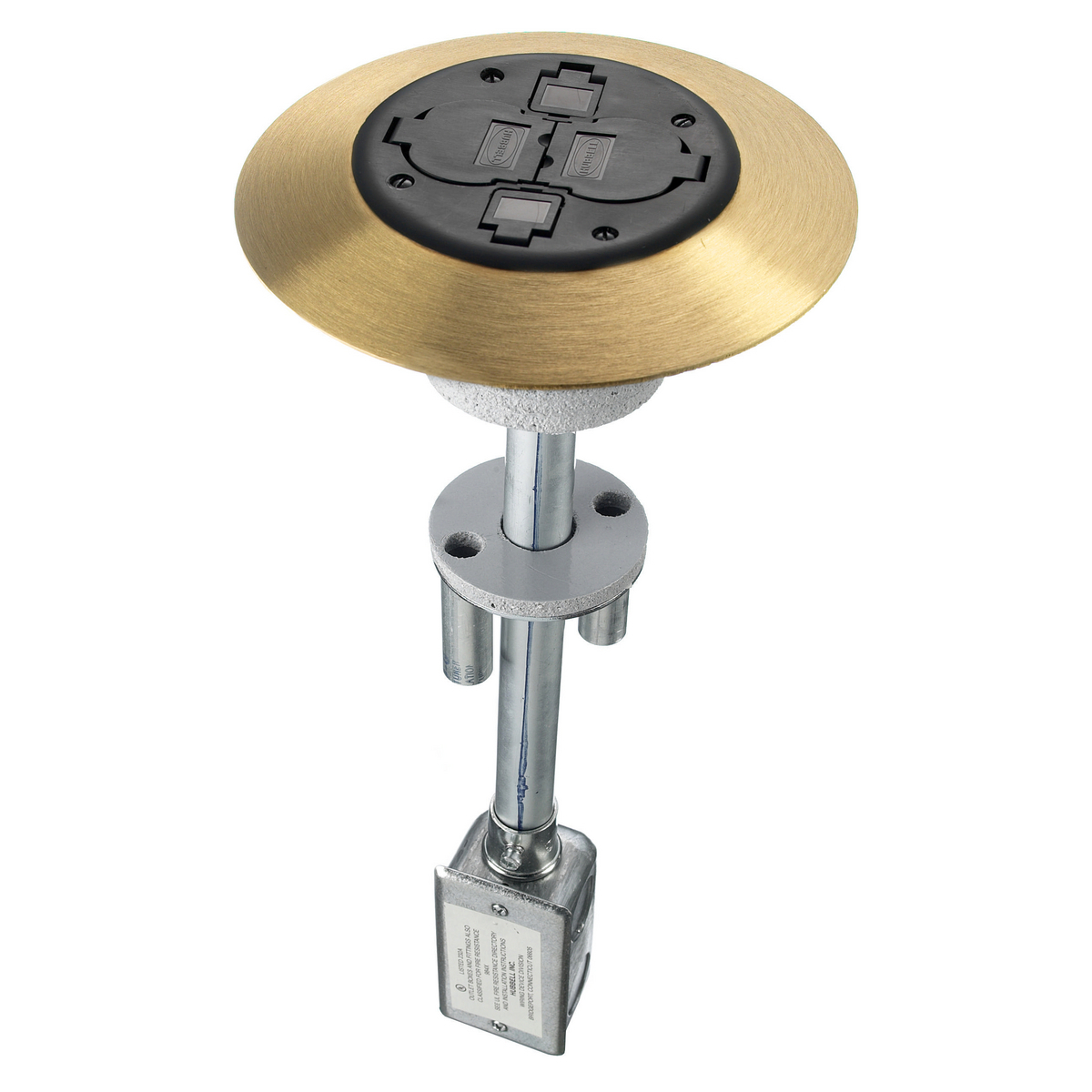 In-Floor Delivery Systems, Fire-Rated Poke-Throughs, 2x2 Flush Duplex Series, Complete Unit, Black/Brass Finish