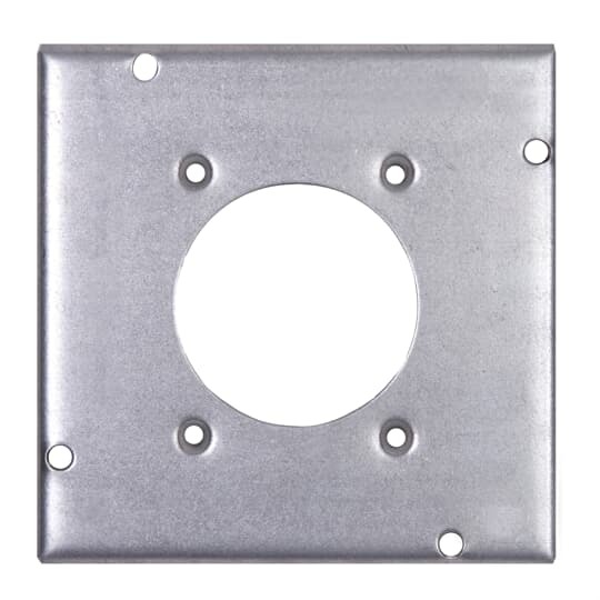 Square Box Surface Cover, 7.5 Cubic Inches, 4-11/16 Inch Square x 1/2 Inch Deep, 2-5/32 Inch Diameter Hole, Galvanized Steel, For use with One 30 or 50 Amp Dryer or Range Receptacle