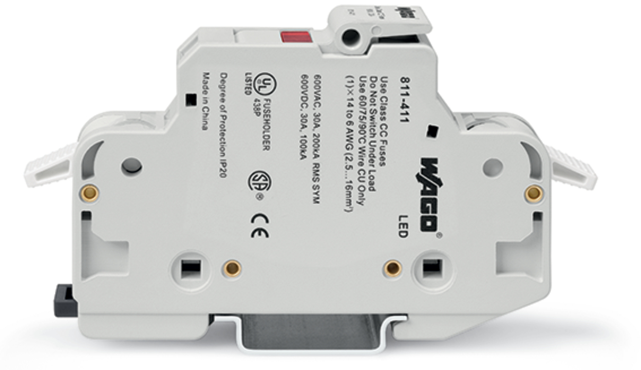 2-conductor fuse holder; for Class CC cylindrical fuses; 1-pole; with blown fuse indication; 600 VAC/VDC; for DIN-rail 35 x 15 and 35 x 7.5; 16 mm; CAGE CLAMP; 16,00 mm; light gray