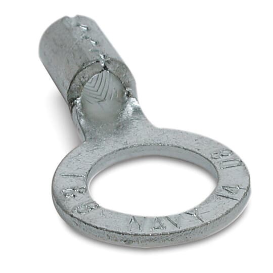 Non-Insulated Large Brazed Seam Ring Terminal, Length 1.16 Inches, Width .48 Inches, Bolt Hole #10, Wire Range #4 AWG, Copper, Tin Plated, 20 Pack