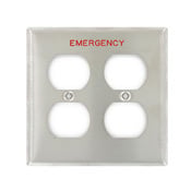 2-Gang Duplex Device Receptacle Wallplate, Device Mount, Engraved Emergency, Stainless Steel