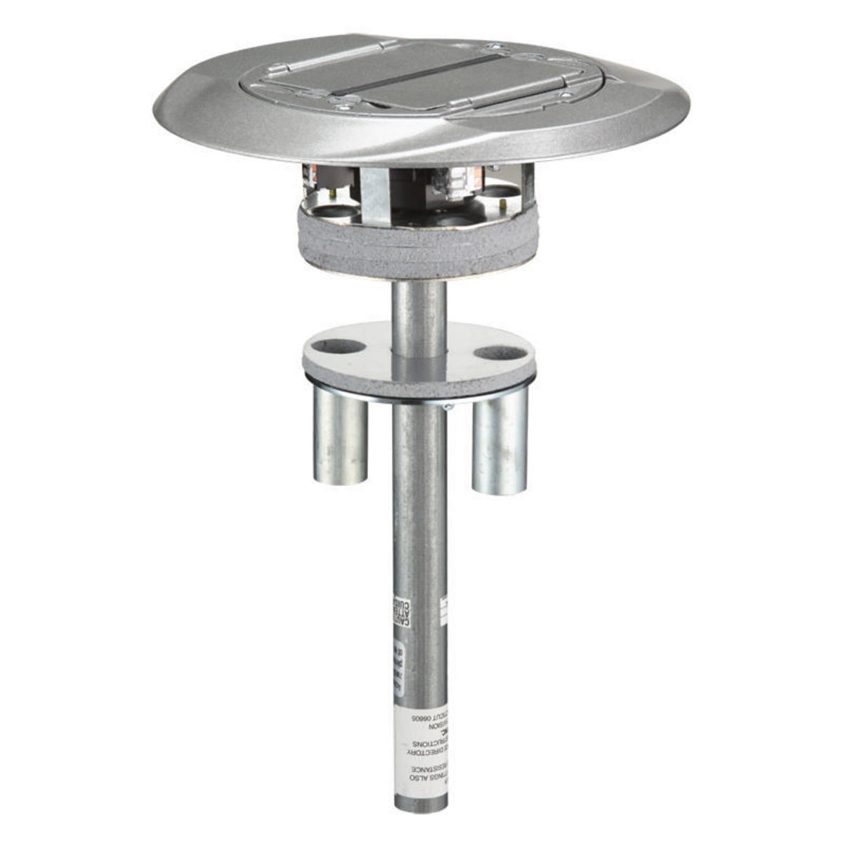 In-Floor Delivery Systems, SystemOne, Fire-Rated Poke-Through, 1 Piece Unit, (4) 20A, 125V Receptacles, (4) Hubbell Keystone Openings, Cover with Aluminum Finish