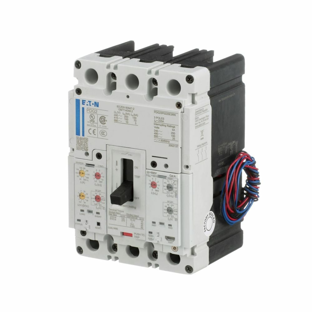 Eaton Power Defense molded case circuit breaker, Globally Rated, Frame 2, Three Pole, 225A, 65kA/480V, PXR20 LSIG w/ Relays, Standard Line and Load (PDG2X3TA225)