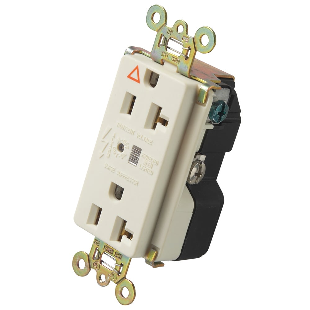 Isolated Ground Surge Protective Duplex Receptacle offers increased transient protection, reliability and protection notification (Audible Alarm with LED Indicator). Back and, Side Wire, 20amp 125volt, Light Almond.
