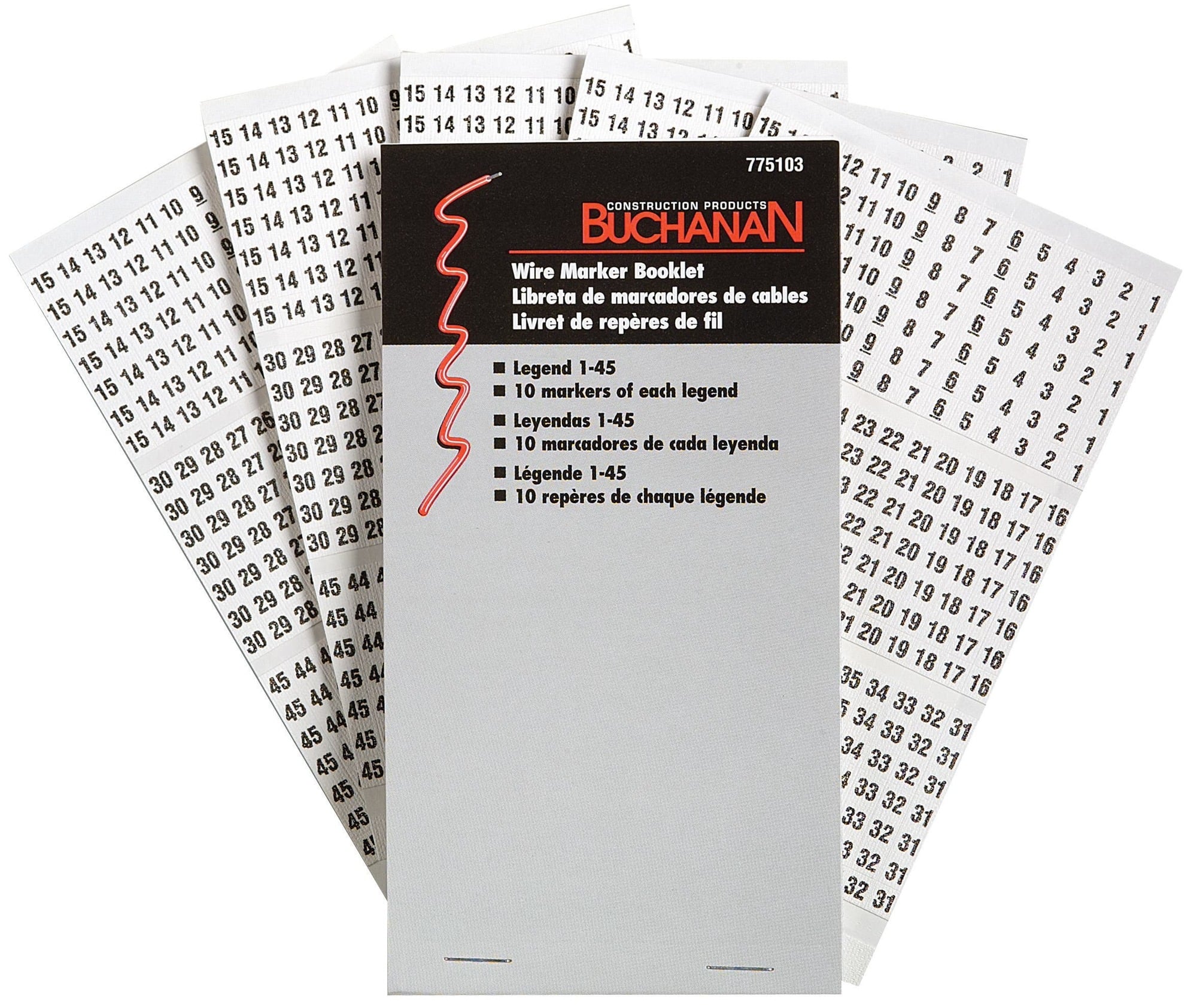 Buchanan, Wire Marker Booklet, Size: 1/4 X 1-1/2 IN Marker, Legend: 1-45, Markers Per Page: 10, Number Of Pages: 10/Booklet, Legend Color: Non-Smear Black, Includes: 450 Wire Markers And 450 Terminal Markers