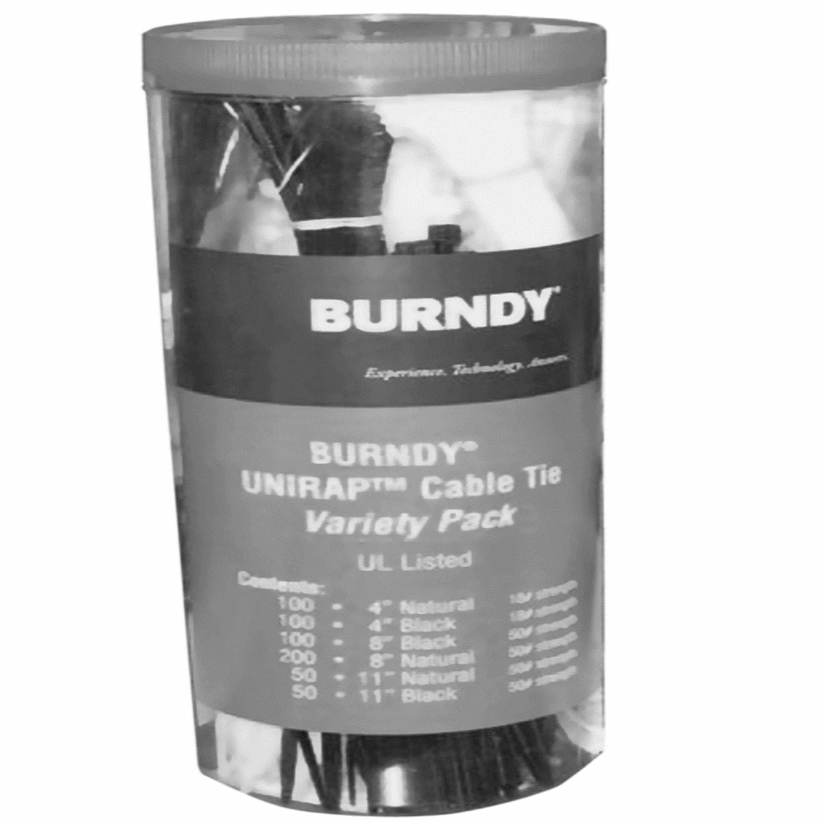 Cable Tie Canister Variety Pack, Incudes:4" Length, 18 Lbs, Natural & Black, 8" Length, 50 Lbs, Natural & Black, 11" Length, 50 Lbs, Natural & Black.