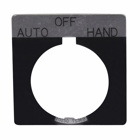 Eaton 10250T pushbutton legend plate, 10250T series, Square 3-Position Legend Plate, Black, Legend: AUTO/OFF/HAND, 1/8 In high, White letters, Square