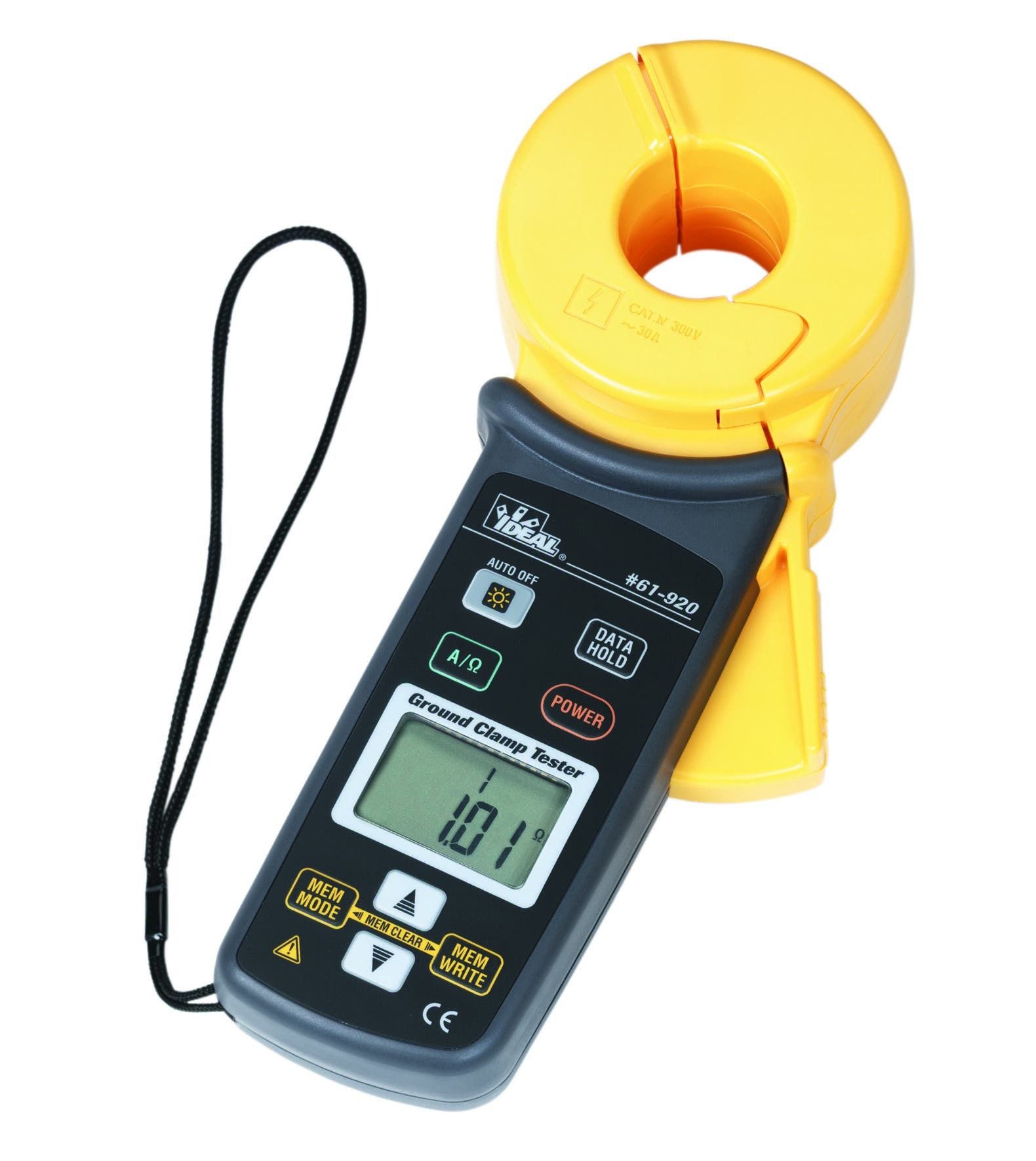 IDEAL, Ground Resistance Clamp Meter, Ground Leakage Current: 30 AMP, Accuracy: 1.5 PCT Resistance, 2 PCT Leakage Current, Model: 920, Ground Resistance Range: 0.1 To 1200 OHM, Earth Voltage: 300 V, Display: Digital, Dimensions: 1.250 IN, Includes: Calibrloop, Carrying case; Warranty: 2 year