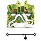 Miniature ground/earthing terminal block with 1-deck/level + btn. + side and center marking slot - Wago (2252 TOPJOB S series) - Green-Yellow - 1 grounding / protective-earth (1PE) / 2-wires (1 push-in + 1 push-in) (1+1) - 2.5mm2 nominal cross-section - for 0.25mm2...4mm2 / for #22AWG...#12AWG - with Push-in CAGE CLAMP spring connections - DIN-15 rail mounting (5.2mm width)