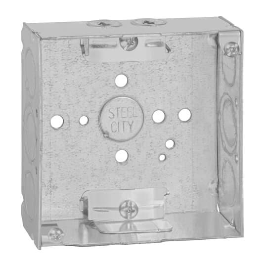Square Box, 21 Cubic Inches, 4 Inch Square x 1-1/2 Inch Deep, 1/2 Inch and 3/4 Inch Eccentric Knockouts, Pre-Galvanized Steel, with Non-Metallic Cable Clamp (C-5), For Use with Non-Metallic Sheathed Cable