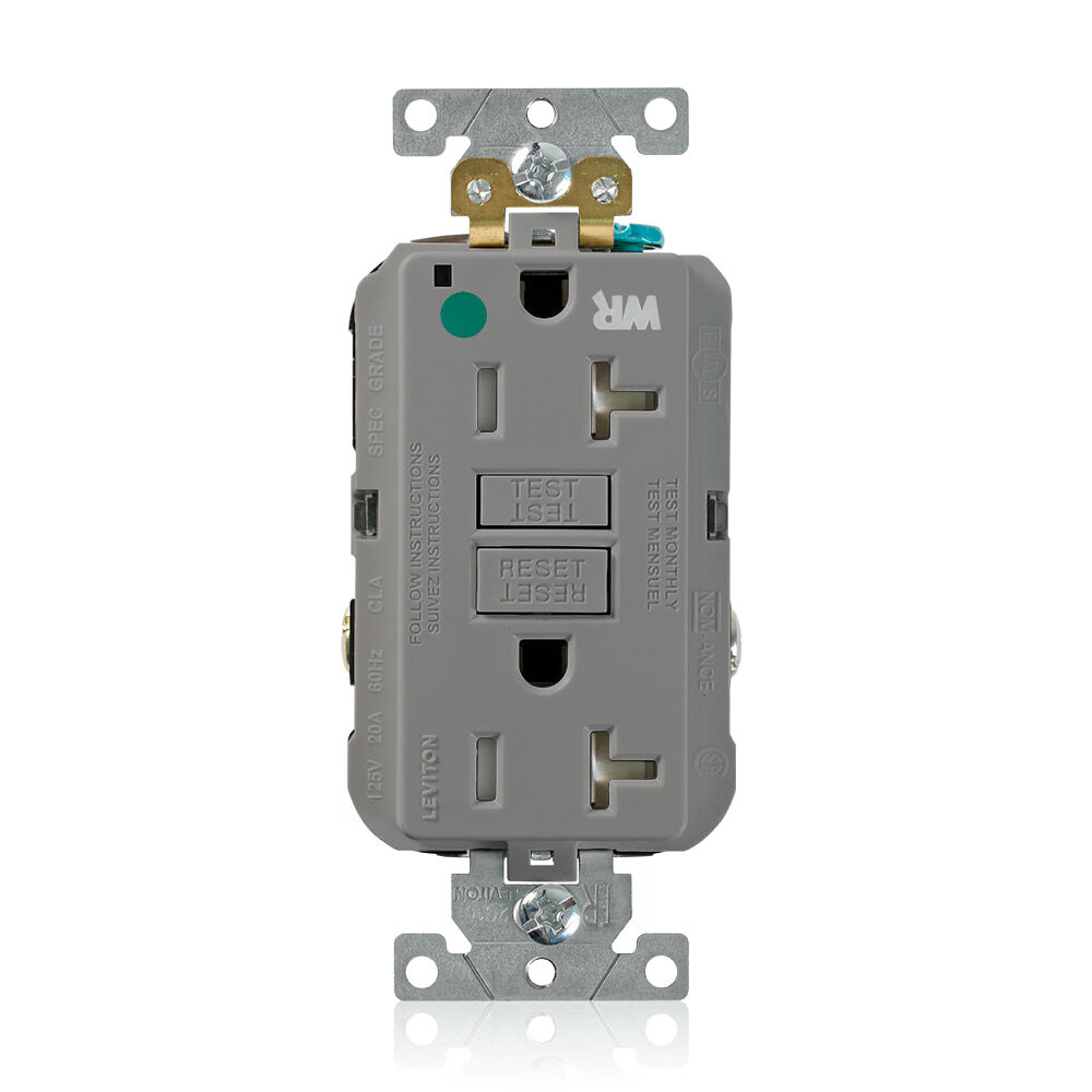 20 Amp, 125 Volt, SmartlockPro Self-Test GFCI Duplex Receptacle , NEMA 5-20R, 2P, 3W, Extra-Heavy Duty Hospital Grade, Weather & Tamper-Resistant, 20A Feed-Through, Back or Side Wired - GRAY