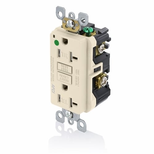 20 Amp. 125 Volt. 20 Amp Feed-Through. Hospital Grade. Tamper-Resistant. AFCI Receptacle. Monochromatic. Back and side wired. Nylon wallplate included. Screws and self grounding clip included  Light Almond