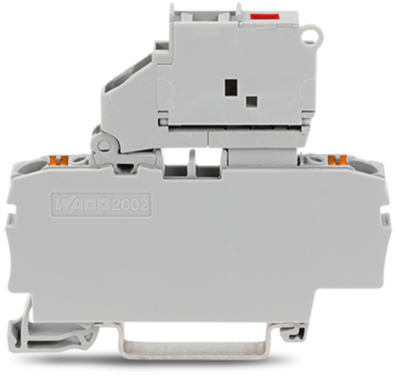 2-conductor fuse terminal block; with pivoting fuse holder; with end plate; for 5 x 20 mm miniature metric fuse; with push-button; with blown fuse indication by LED; 120 V; for DIN-rail 35 x 15 and 35 x 7.5; 2.5 mm; Push-in CAGE CLAMP; 2,50 mm; gray