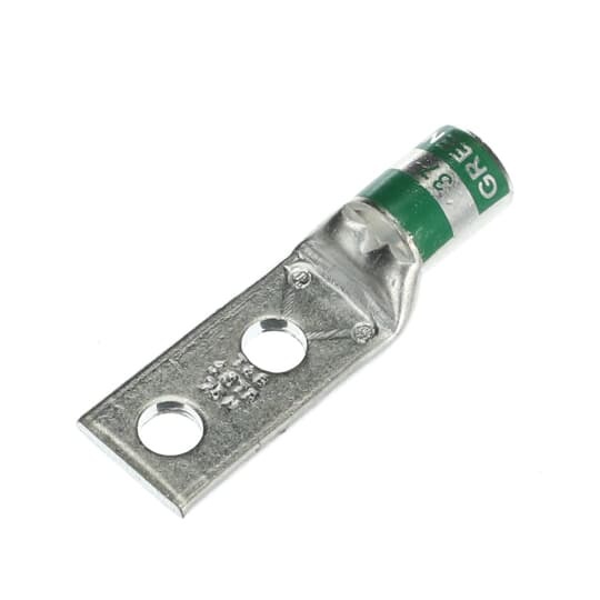 Copper Two-Hole Lug, Standard Barrel, Peep Hole, Max 35kV, Wire Size #1 AWG, 1/4 Inch Bolt Size, 5/8 Inch Hole Spacing, Tin Plated, Die Code 37, Die Color Code Green