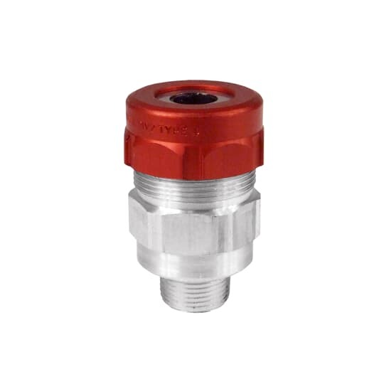 Aluminum liquidtight fitting for tray cable. Hub size N.P.T. 1 inch Range over jacket is 0.4 to 0.75 inch.