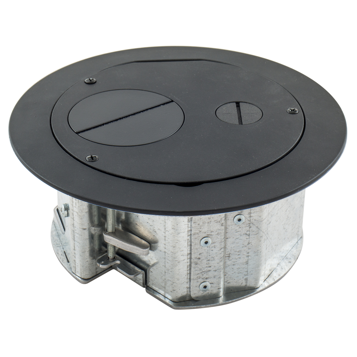 Raised Access or Wood Floorboxes, 6" Furniture Feed Series, Stamped PreGalvanized Galvanized Stamped Steel Box with Black Powder Coat Cover